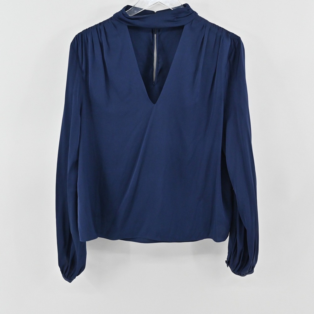 Intermix Elaine Silk Top Womens Size 10 Navy Blue Mock Neck Keyhole Blouse Chic